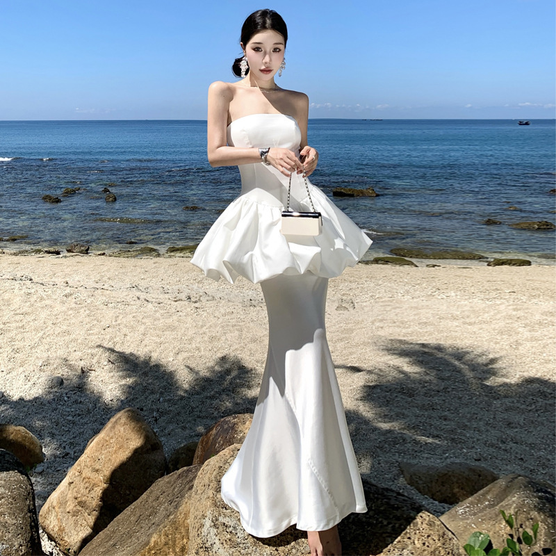 White Bud Strapless dress Fishtail Half-length Skirt Waisted Puffy Skirt suit Birthday Party Dress for Women