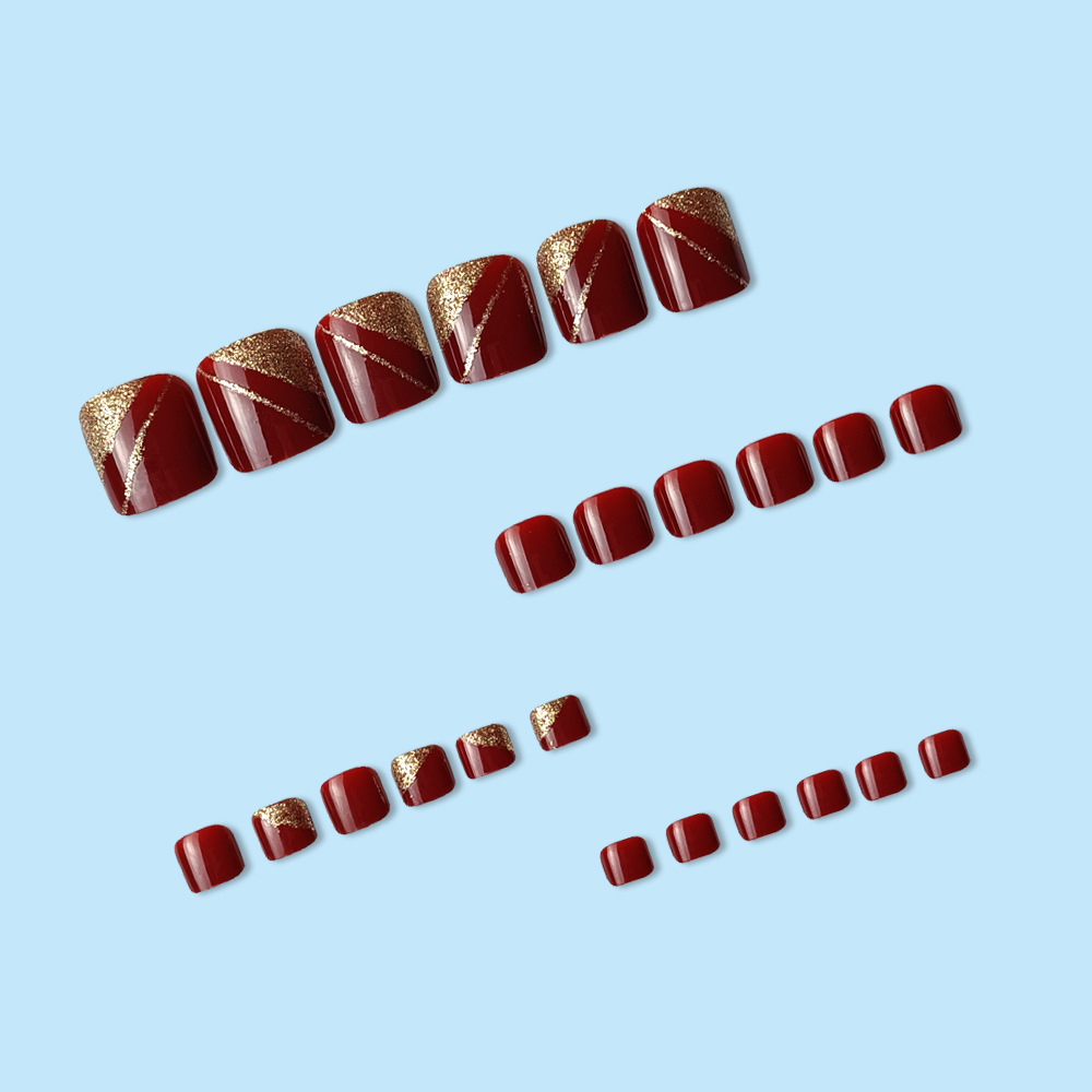 Polvo de oro de vino rojo francés de uñas de los dedos de los pies venta cruzada de lujo retrógrado 24 piezas de uñas de los pies parches image 4