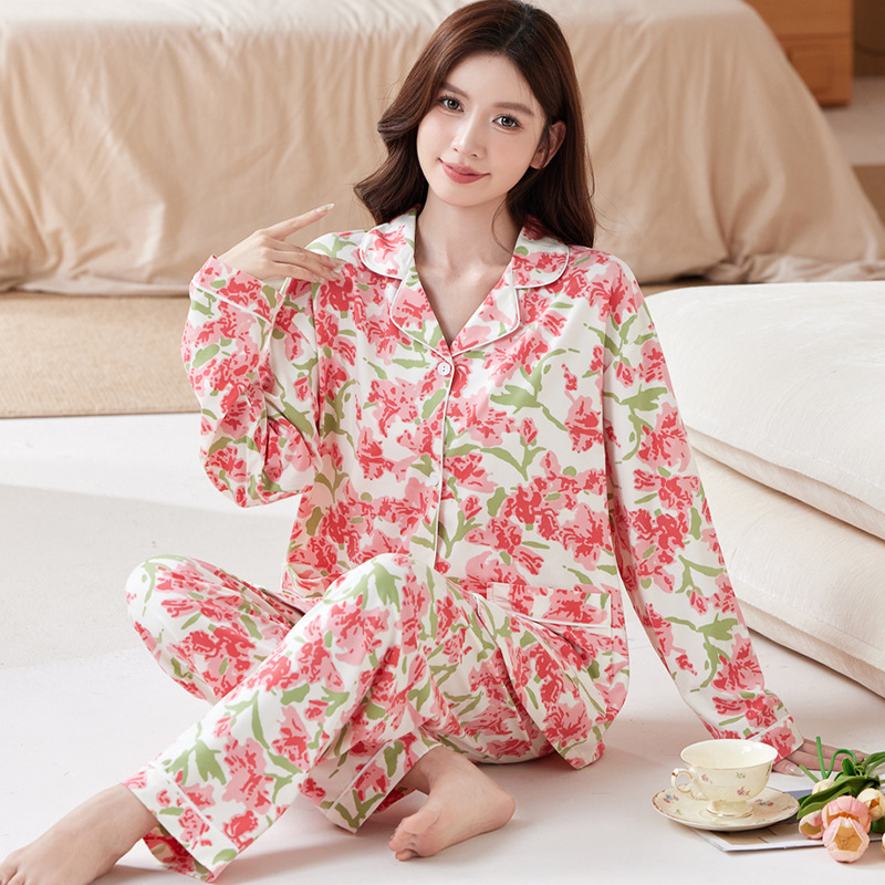 Elegant and Romantic Floral Middle-Aged Pajamas for Women Spring and Autumn Imitation Cotton Long-Sleeved Thin High-End Large Size Home Clothes Wholesale
