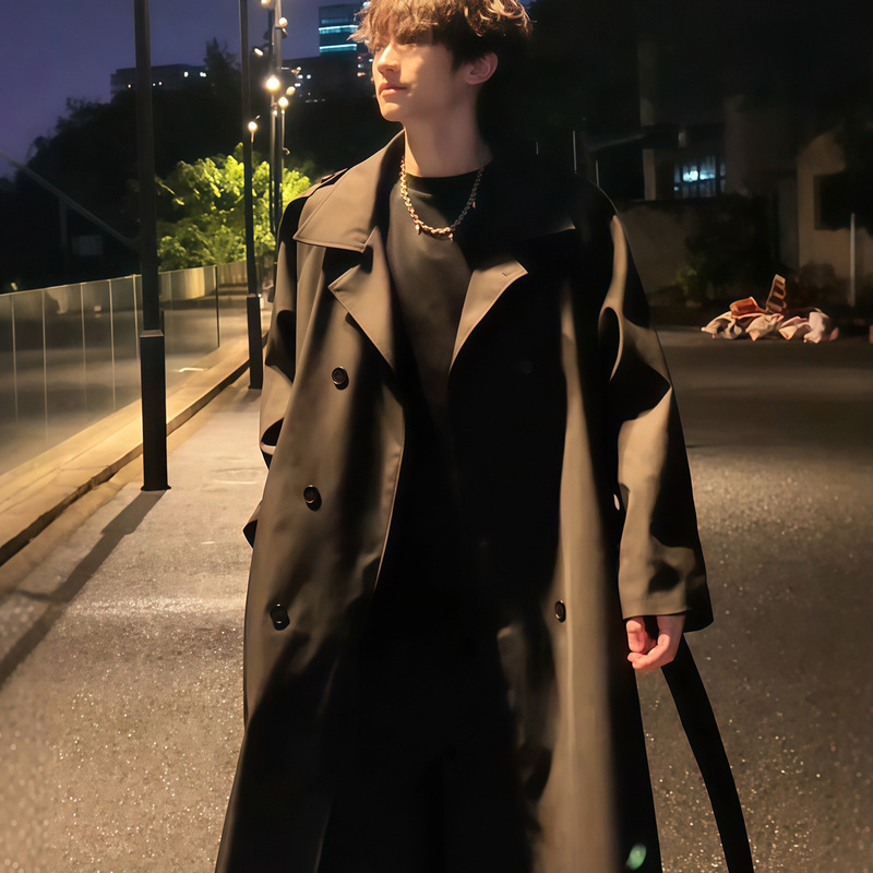 Korean-Style Double-Breasted Trench Coat for Men, Autumn College Student British Style Mid-Length Over-The-Knee Black Coat Korean-Style Double-Breasted Trench Coat for Men, Autumn College Student British Style Mid-Length Over-The-Knee Black Coat