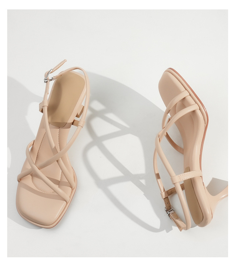 Elegant Square-toed Cross-strap Sandals Women's High Heels_voghion.com
