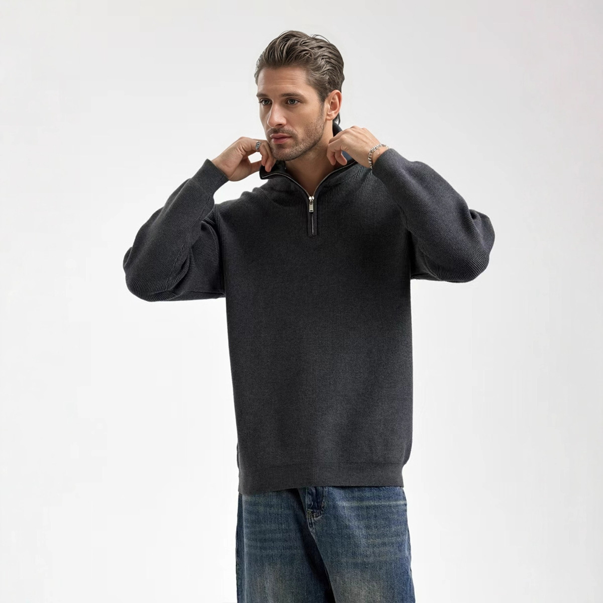 Suéter de hombre transfronterizo otoño y invierno nuevo estilo americano perezoso viento medio cremallera suelta plummet de color sólido suéter de hombre