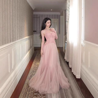 抹胸连衣裙晨袍女新娘订婚晚礼服高端轻奢小众鱼骨海边度假仙女裙