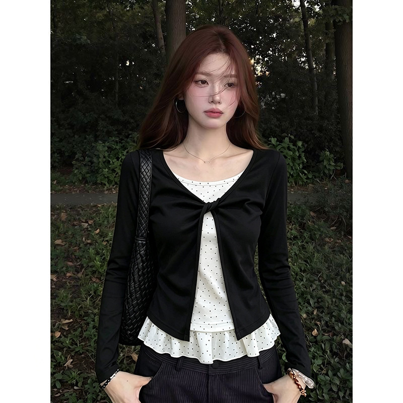 Cross-border wholesale autumn/winter 210g 40-count cotton two-piece floral long-sleeve T-shirt for women, stylish and slimming design