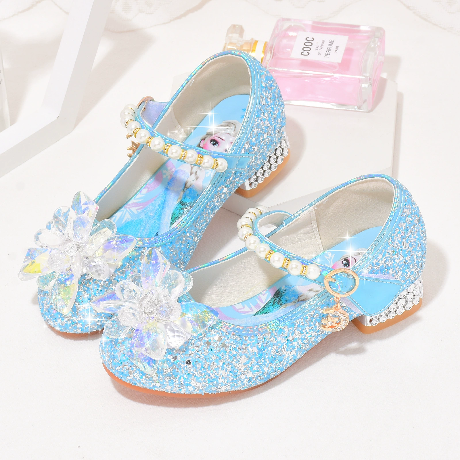 2022 весна и осень новые туфли принцессы на высоком каблуке Детская кожаная обувь для выступлений на подиуме одиночные туфли для девочек Эльза принцесса хрустальные туфли