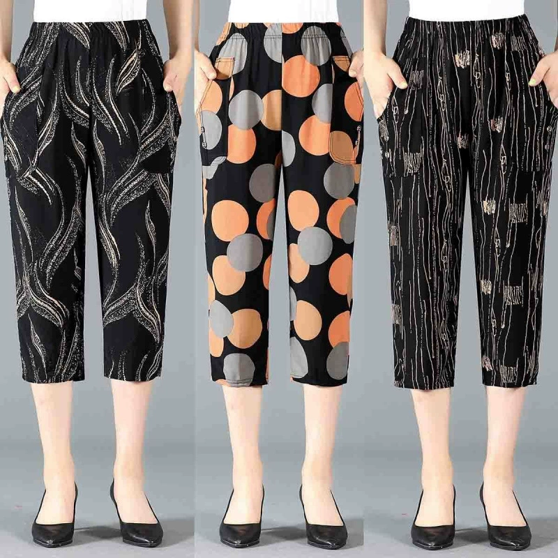 Летние укороченные брюки для женщин среднего и пожилого возраста, укороченные повседневные брюки для женщин, эластичные брюки для мам большого размера с высокой талией, укороченные брюки