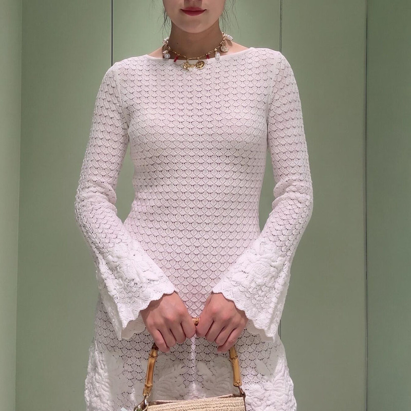 Sp French-Style Niche 2026 Early Autumn New Women's Pure White Crochet Round-Neck Long-Sleeve Backless Tie Dress
