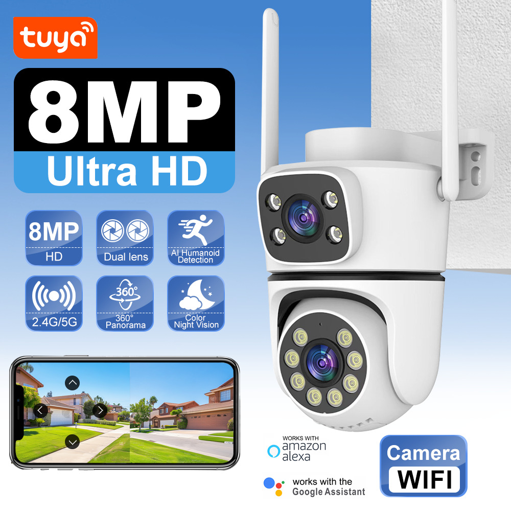 Cámara de Vigilancia IP WiFi PTZ de Doble Lente 8MP 360° de ABS para Exterior e Interior