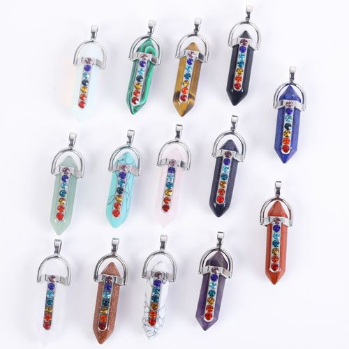 Cross-border best-selling natural amethyst and crystal white quartz hexagonal column pendant with multi-color water drill alloy necklace wholesale accessories