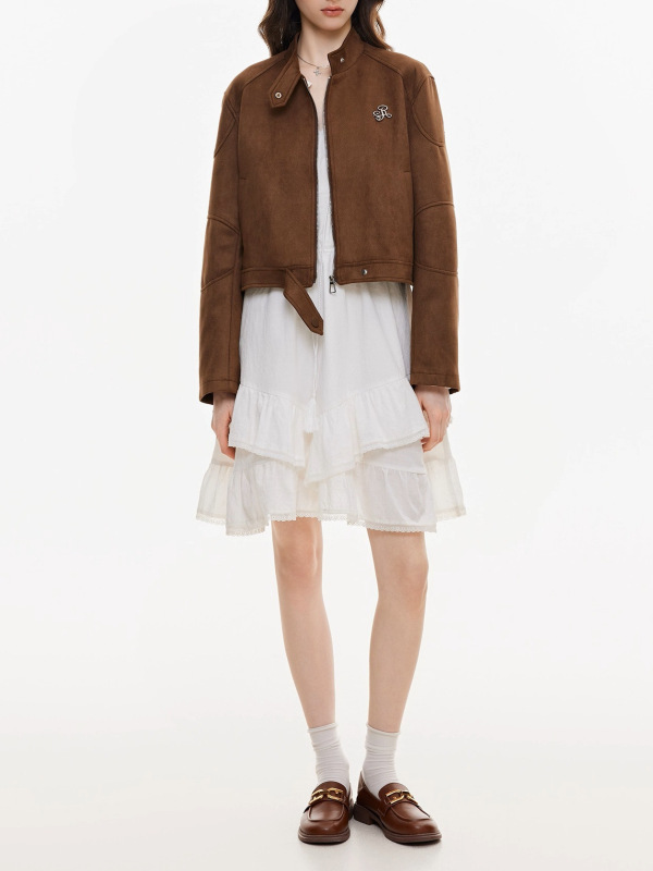 金属标复古麂皮绒外套女春秋新款短款飞行服夹克上衣服|undefined
