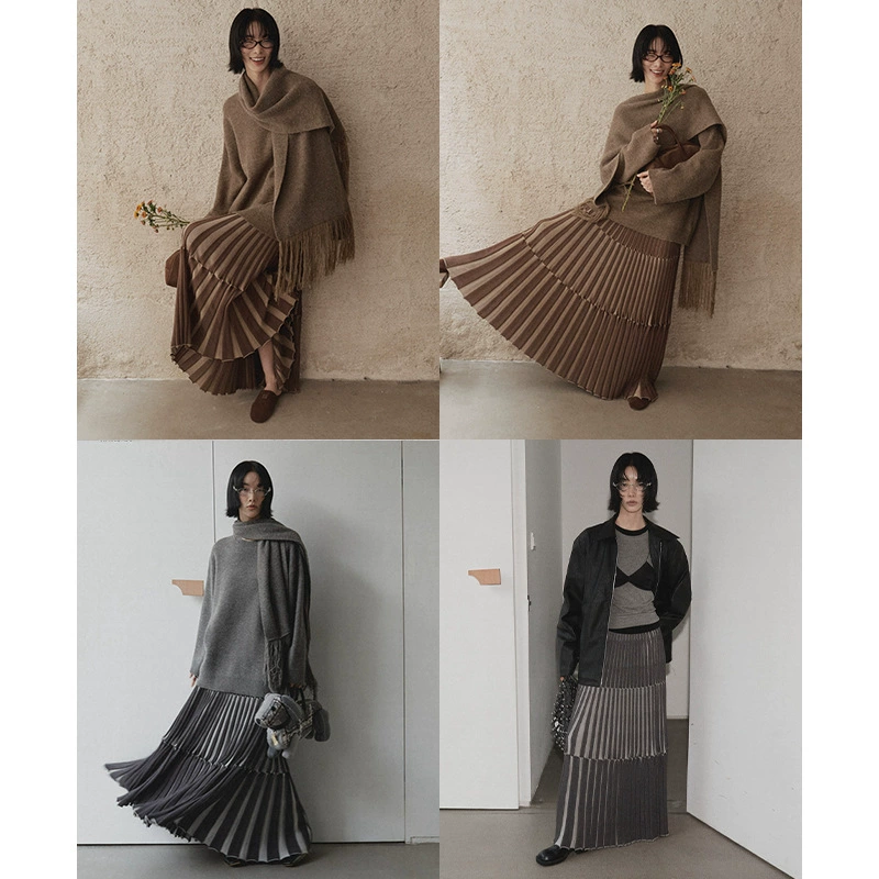 UNITY MODE 复古针织条纹加厚百褶半身裙女秋冬大裙摆拖地长裙子