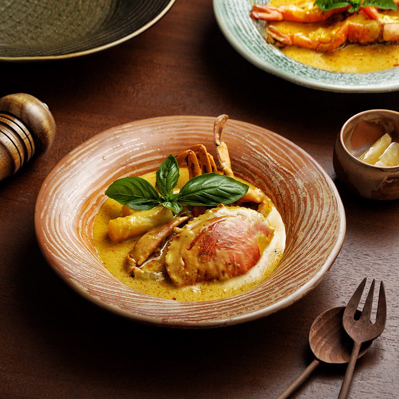 Embossed Tree Pattern, Rustic Style, High-End Hotel Tableware, French-Style Plates, Ceramic Western Soup Plates, Pasta Dishes, Deep Plates