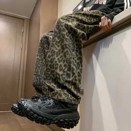 美式新款复古水洗重工豹纹休闲裤男舒服感2026新款直筒宽松百搭裤