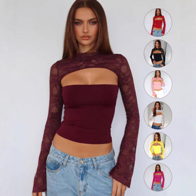 G25T145-2025 Summer New Women's Clothing Mature Solid Color Lace Splicing Bust-Enhancing Tight-Fitting Waist-Revealing Top for Women