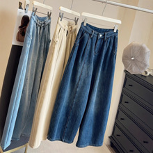 韩系复古加绒阔腿牛仔裤女2025冬新款高腰加厚直筒休闲宽松弯刀裤