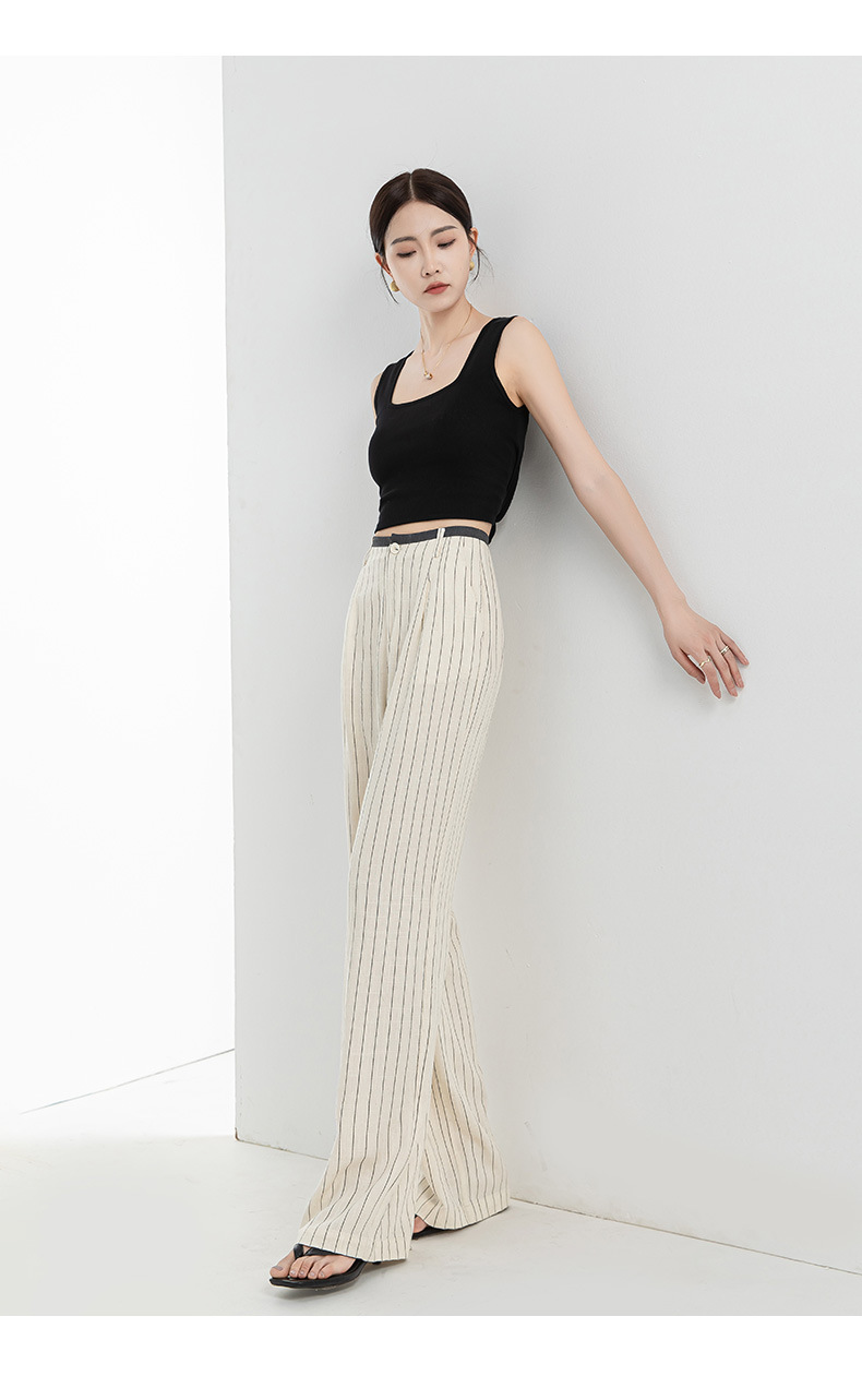 Quần culottes nữ ống rộng vải lanh sọc dọc, cạp cao phối màu, dáng suông thoáng mát — Vải gai sọc chi tiết 29