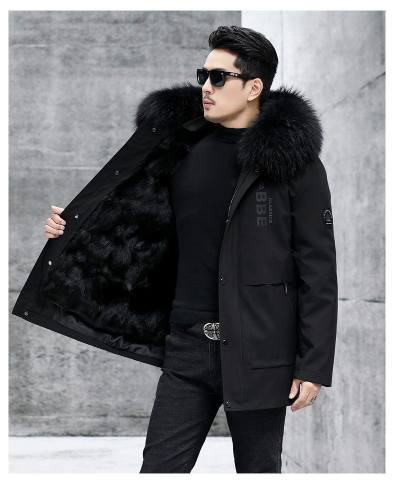 Men's Real Fox Fur Lined Jacket Real Raccoon Fur Collar Coat Warm