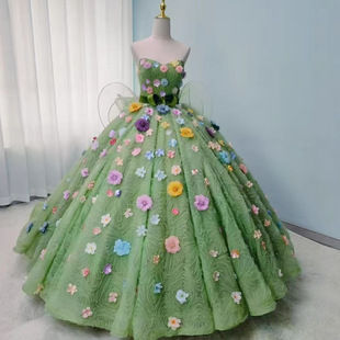 綠色主持人晚禮服法式抹胸A字蓬蓬連衣裙輕奢小眾高級感禮服長裙