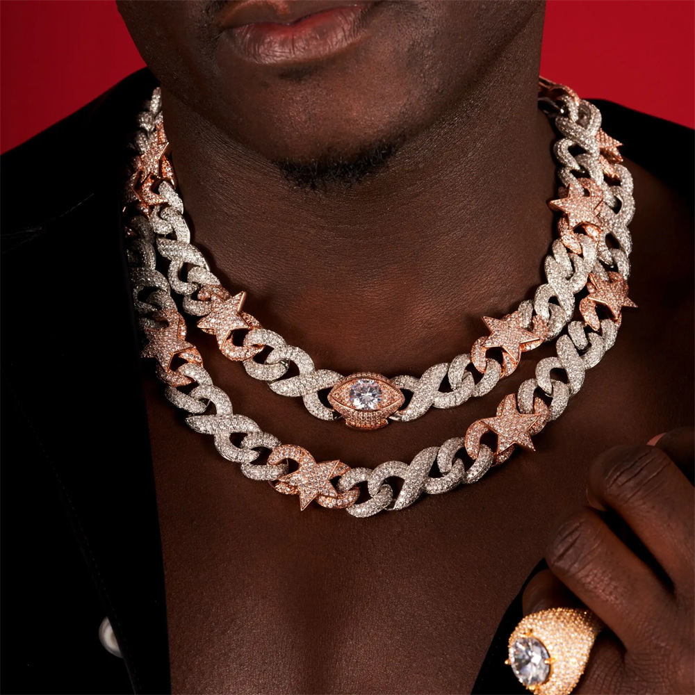 Cross-Border Hip-Hop New Star Eye Pendant Necklace Hiphop Two-Color Men's 8-Character Cuban Chain Jewelry in Stock