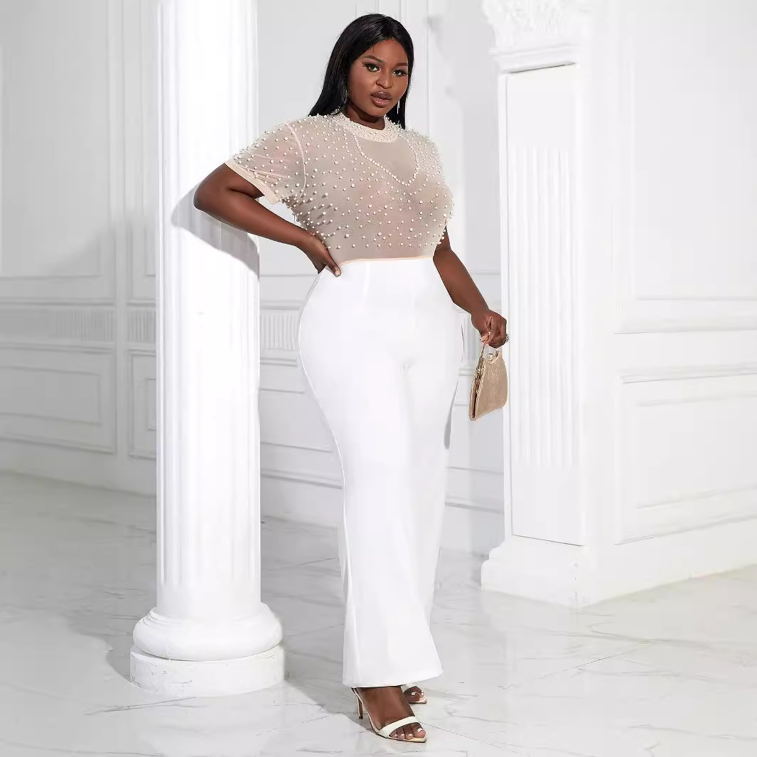 Women's Clothing Round Neck Short Sleeve Beaded Jumpsuit Casual Style High Waist Slim Party Dress Jumpsui_voghion.com