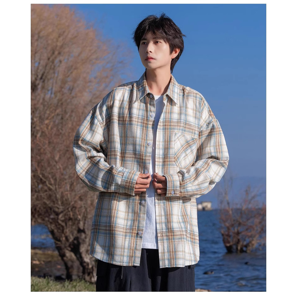 Camisa polo xadrez de manga comprida unissex, modelo folgado, para primavera e outono (nova coleção 2024), jaqueta fina casual para estudantes._voghion.com