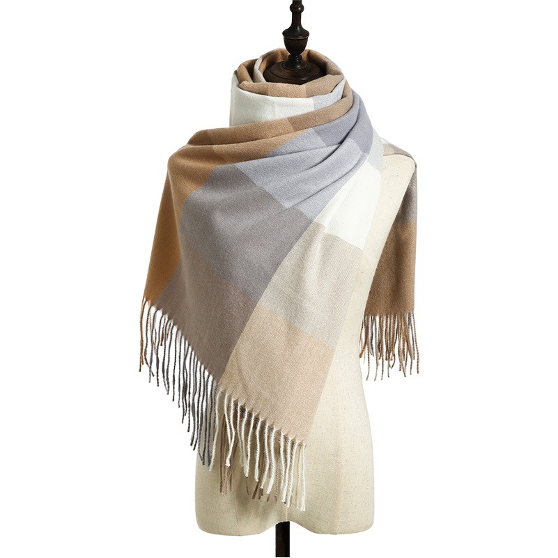 Cashmere-like plaid scarf for women autumn and winter 2022 new cold-proof warm scarf thickened tassel shawl factory wholesale