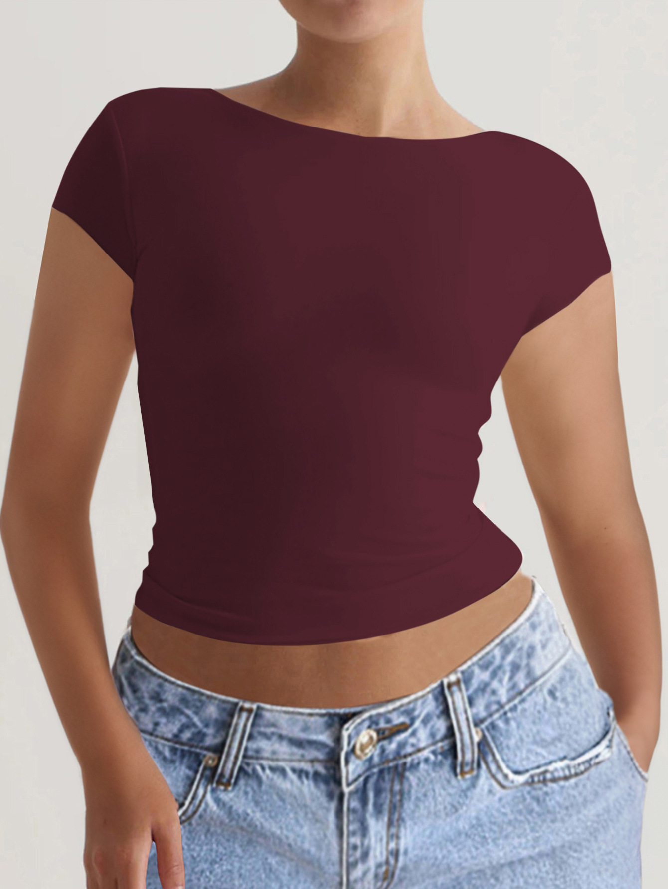 91g Weight Short Sleeve Sleeve Length Pullovers Placket Type Regular Sleeve Sleeve Type Spandex, Viscose fiber Fabric Type Regular Top Length T-shirt Tops Type Daily Occasion Round Neck Neckline Comfort Function Slim Fit Type Solid Color Pattern 2025 Spring and Summer Season Women's Gender Backless Design Streetwear Style Wholesale Women's Streetwear Solid Color Short Sleeve Backless T-Shirts 12