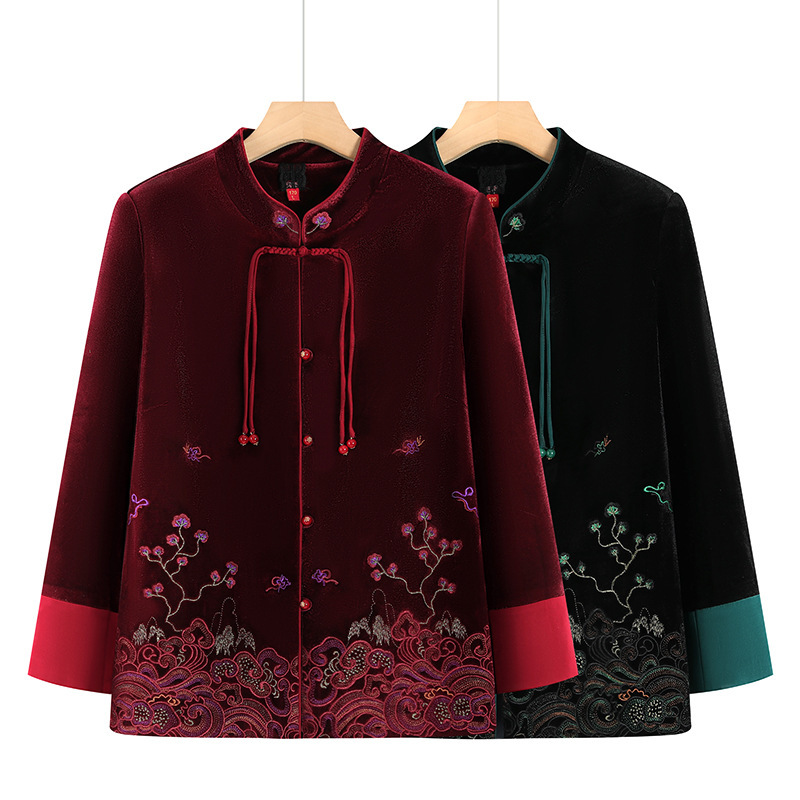 妈妈秋装新中式外套金丝绒刺绣上衣2025新款老年人春秋款女装衣服|undefined