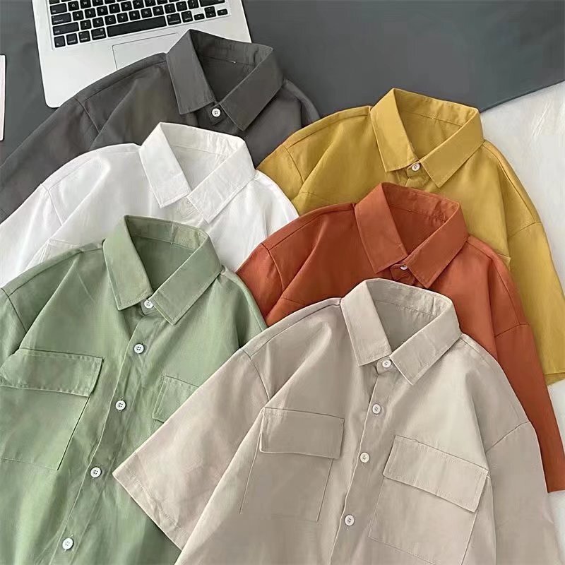 Japanese solid color half sleeve shirt men's loose summer good-looking dirty niche middle sleeve lapel shirt coat wholesale