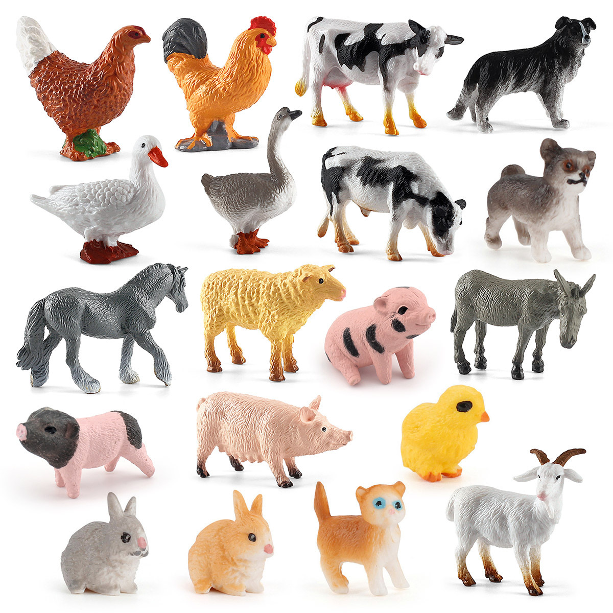 Simulación transfronteriza mini pollo pato ganso caballo oveja burro cerdo perro gato conejo modelo granja escena aves de corral animal adornos estáticos