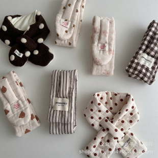 Korean Kidsren's New Quilted Plaid Polka Dot Fashionable Cross Cold-Proof Neck Scarf Small Scarf Baby Concave Scarf Trendy