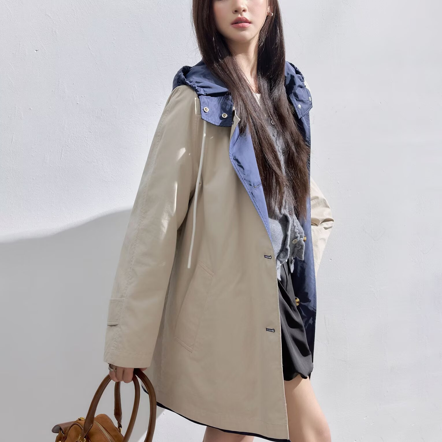 Korean Style Reversible Hooded Jacket for Women Spring & Fall New Loose Slim Casual Versatile Jacket Mid-Length Windbreaker for Women