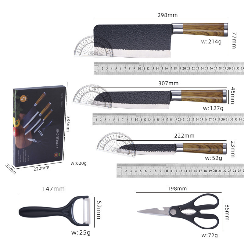 Venta caliente de comercio exterior cuchillos de cocina de acero inoxidable juego de cuchillos de cinco piezas cuchillo de martillo cuchillo de chef caja de color de regalo cuchillo