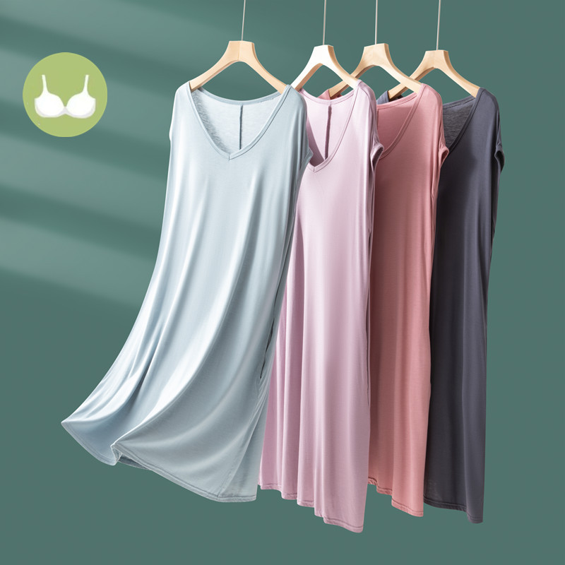 Modal Dress with Pockets, Nightgown with Breast Pads, Women's Summer Outer Wear, Bottoming Skirt, Vest Dress, Mid-Length Home Wear