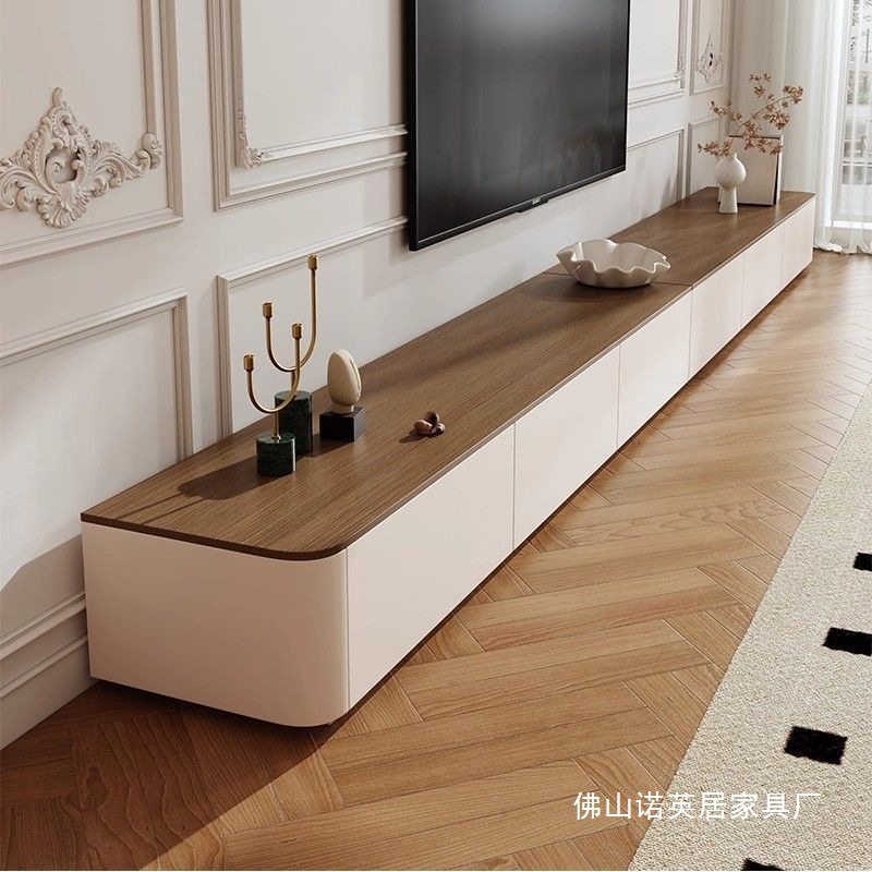 Tv Cabinet Living Room Home Small Apartment Retro Style Solid Wood Floor Cabinet Light Luxury High-End Floor-Standing Rounded Corner Combination Cabinet