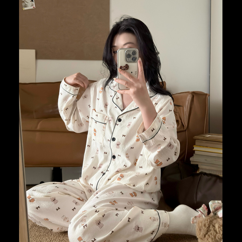 加大码睡衣女秋季新款250斤宽松印花长袖长裤蕾丝套装家居服|undefined