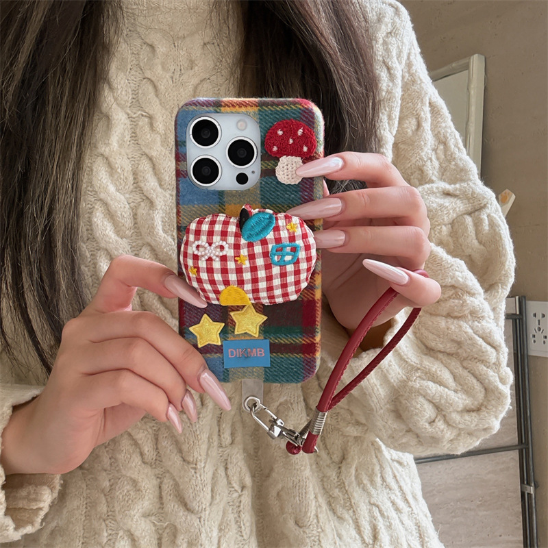 秋冬绒布立体苹果适用iPhone17promax手机壳挂绳16pro防摔15/14女