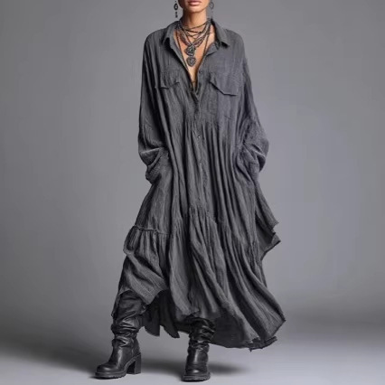 2026 European and American Style Loose Pleated Long-Sleeved Shirt Dress for Women, Spring and Autumn Fashion, Elegant Long Dress, Artistic Retro 2026 European and American Style Loose Pleated Long-Sleeved Shirt Dress for Women, Spring and Autumn Fashion, Elegant Long Dress, Artistic Retro