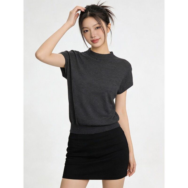 Versatile Half-Turtleneck Soft Knit T-Shirt for Women, New 26-Style Summer Simple and Elegant Solid Color Short-Sleeve T-Shirt Top, Thin