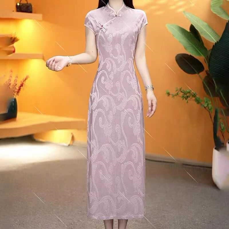 Summer new style cloud brocade silk jacquard embroidered slimming elegant cheongsam dress for women, age-reducing dress for mothers