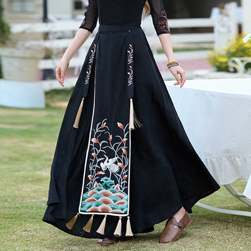 Женская Улучшенная атласная юбка с верхом в этническом стиле, китайская винтажная юбка с верхом и вышивкой, большая длинная юбка-качели