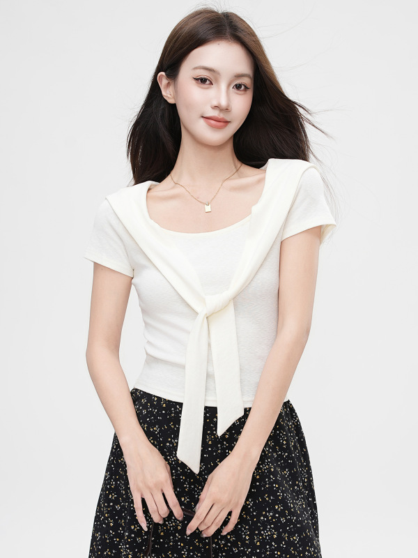 Jiyou グレーパープルフェイクツーピースデザインショール V ネック半袖 Tシャツ女性の夏ニッチスリムショートトップ|undefined