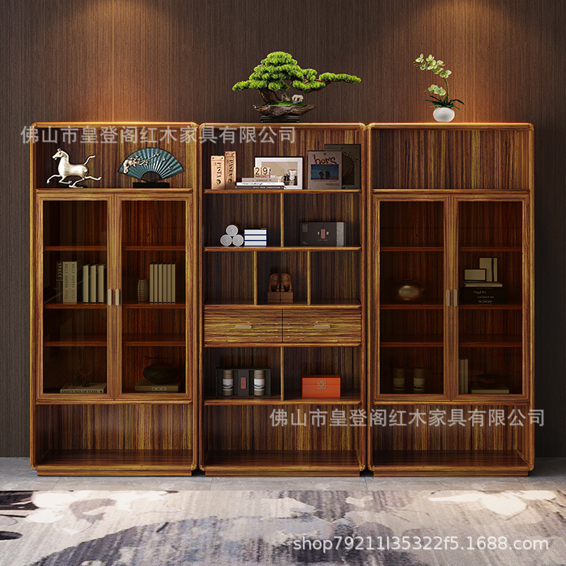 New Chinese Style Ebony Solid Wood Bookcase Modern Minimalist Living Room Study Storage Cabinet Glass Door Display Cabinet with Drawers
