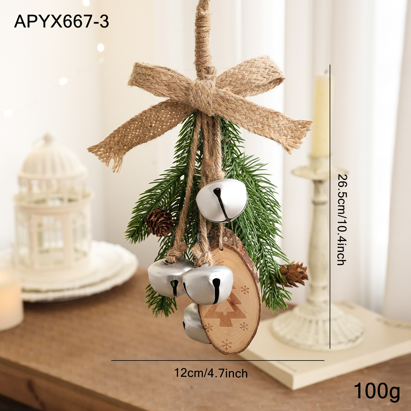 Colgante de Navidad campana pequeña cuerda de cáñamo arco decoración árbol de Navidad pinos ramas de madera escenas de diseño suministros