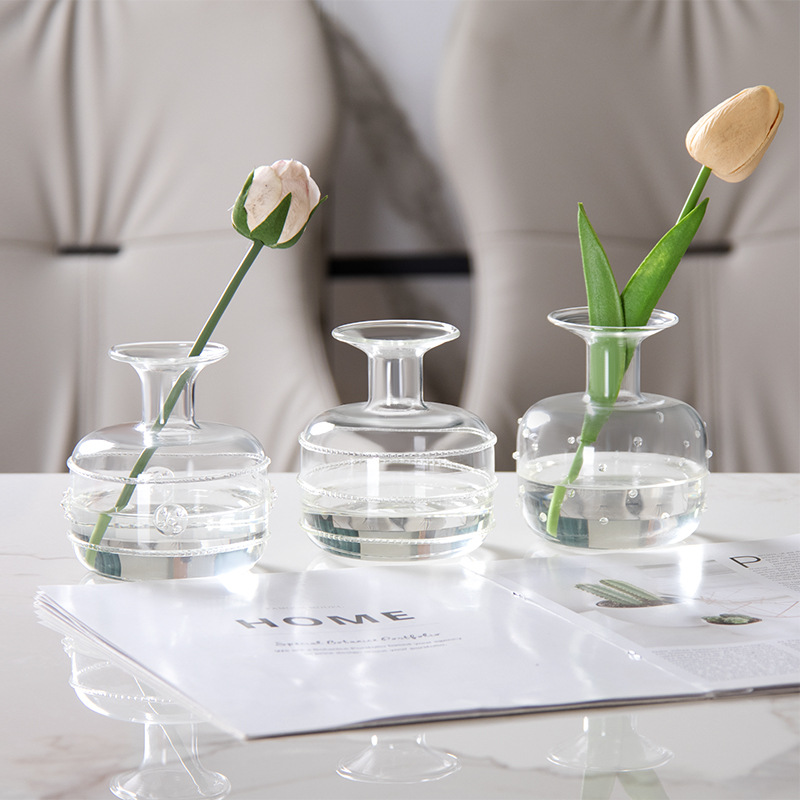 Jarrón pequeño de cristal transparente con puntos de seda tridimensionales, adorno para arreglos florales en la sala de estar, flores frescas, hidropónico, estilo francés de lujo ligero.