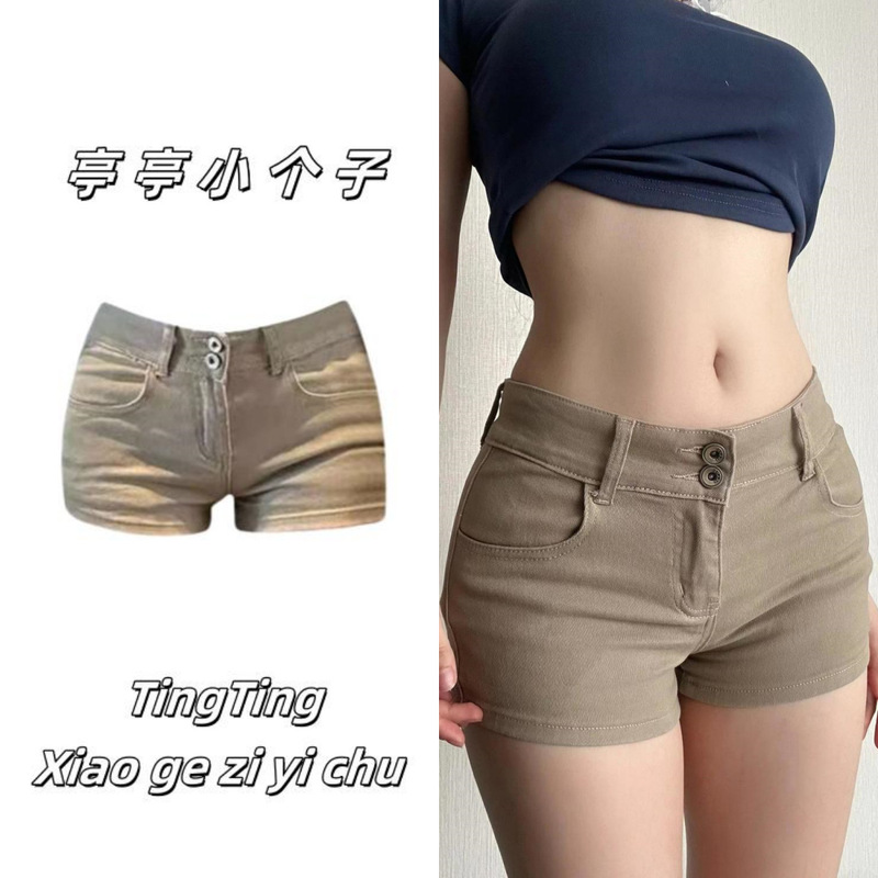 Petite khaki low-waist American-style hot girl denim shorts, new summer straight cut slimming casual tight hot pants