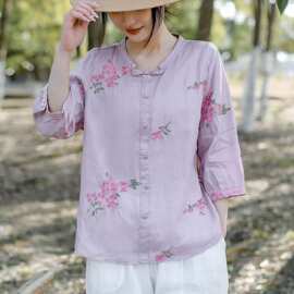 2026夏季新中式国风刺新苎麻衬衫女文艺时尚纯色圆领气质茶服上衣
