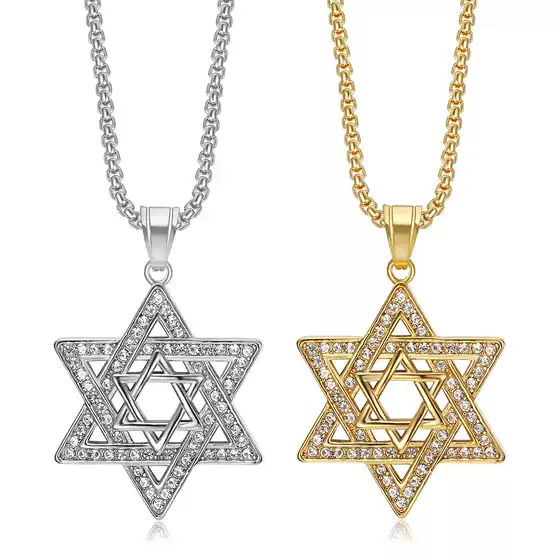 European American Middle Eastern Hip Hop Cross-border New Titanium Steel Gold Plated Diamond Studded Star of David Pendant Men's Hexagram Necklace