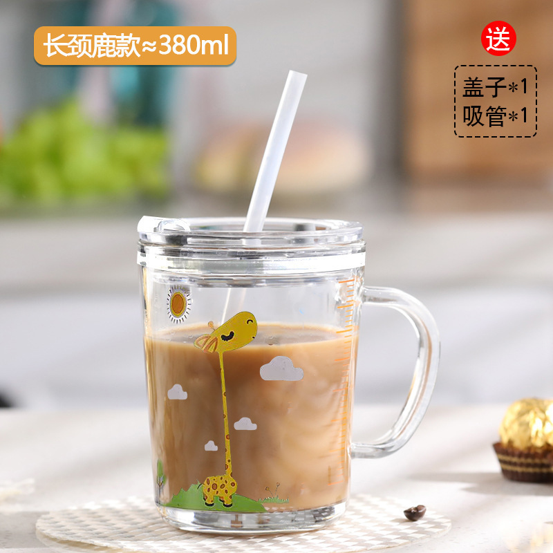 吸管玻璃杯家用儿童水杯可爱卡通刻度牛奶杯带把手耐高温吸管水杯|undefined