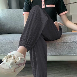 夏季清凉冰丝螺纹运动裤女夏季束脚学生裤子松紧速干潮流灯笼裤子